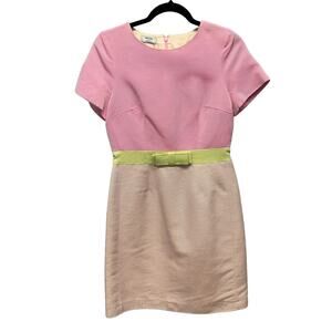 Weill Bow Accent Color Block Short Sleeve Sheath Dress Pink Tan Green Womens 6